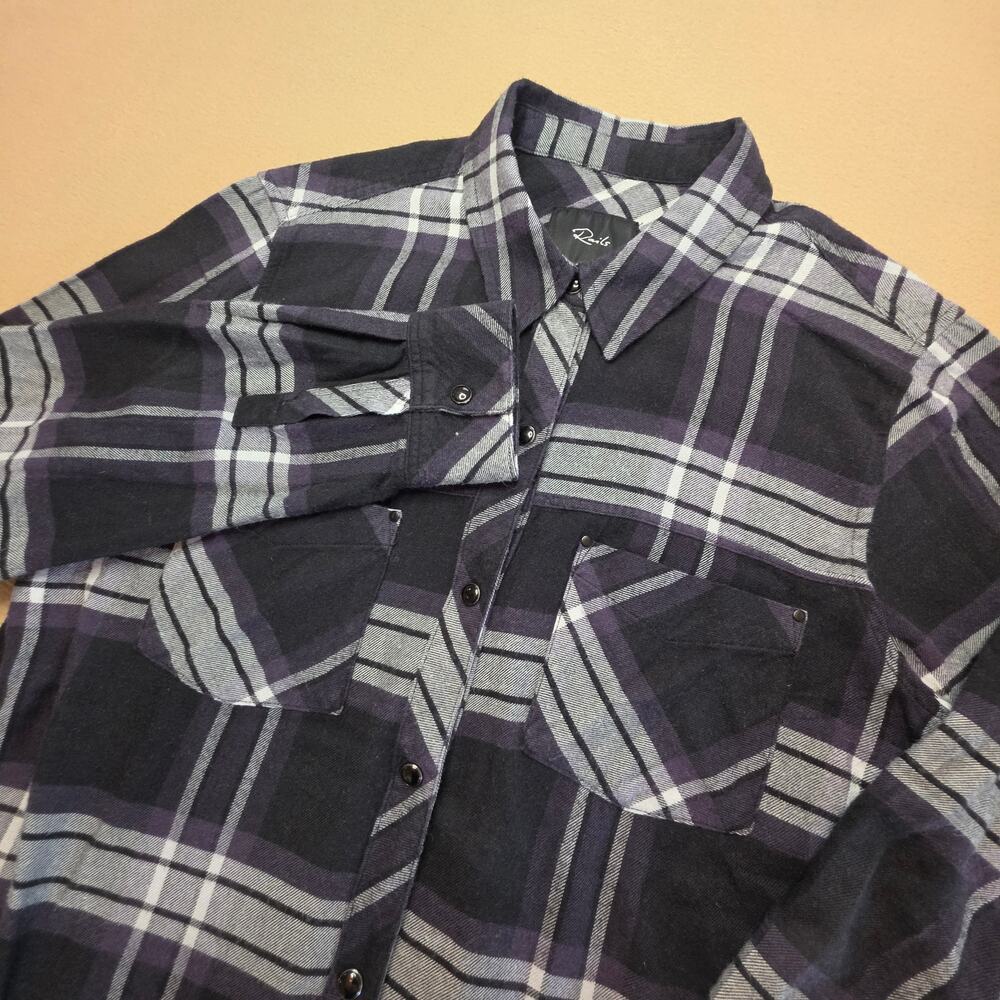 Rails Leo Plaid Snap-Button Shirt Frayed/Raw Hem Black Ash White Sz Medium